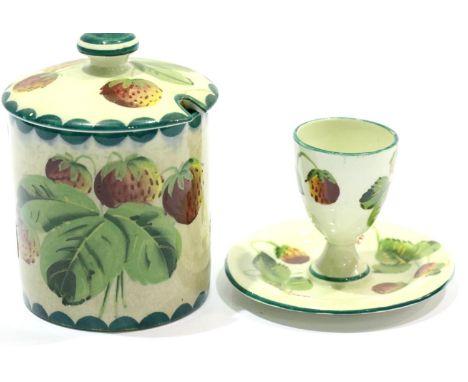 Strawberry Wemyss ceramic egg cup with saucer and preserve pot. P&P Group 2 (£18+VAT for the first lot and £3+VAT for subsequ