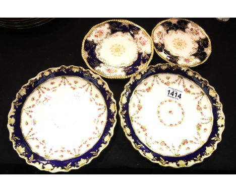 Two George Jones Crescent China decorated plates and two Coalport batwing examples.  P&amp;P Group 2 (£18+VAT for the first l