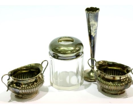 Two hallmarked silver open salts, 77g, silver bud vase and a silver dressing table pot. P&amp;P Group 2 (£18+VAT for the firs