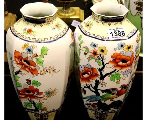 A pair of Keeling &amp; Co. Losol vases, H: 28cm, white ground decorated with birds and flowers. P&amp;P Group 3 (£25+VAT for
