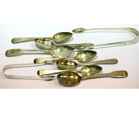 Mixed hallmarked silver teaspoons and tongs including Georgian, combined 155g. P&amp;P Group 1 (£14+VAT for the first lot and