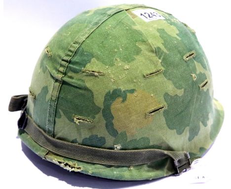 Vietnam War Era US M1 Helmet with reversible Mitch Cam cover and 1965 dated liner. P&amp;P Group 2 (£18+VAT for the first lot