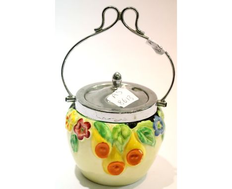 Clarice Cliff Newport Pottery preserve jar with chrome handle and cover. P&amp;P Group 2 (£18+VAT for the first lot and £3+VA