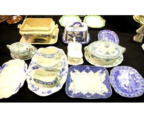 Collection of mixed Victorian blue over white plates tureens, sauce boats etc, and a blakeney cheese dish and cover. Not avai