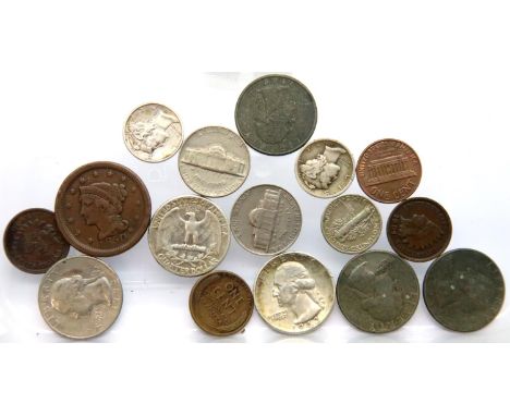 Mixed American coins including silver and a large 1850 1 cent. P&amp;P Group 1 (£14+VAT for the first lot and £1+VAT for subs