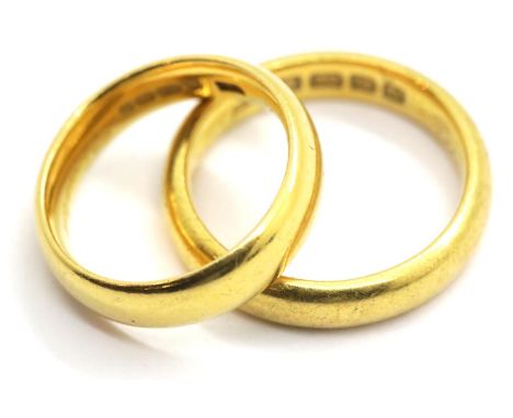 22ct gold wedding bands, sizes R and M, Sheffield assay, 17.4g. P&amp;P Group 1 (£14+VAT for the first lot and £1+VAT for sub