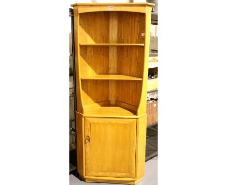 Ercol light elm corner unit with cupboard below. Not available for in-house P&amp;P 