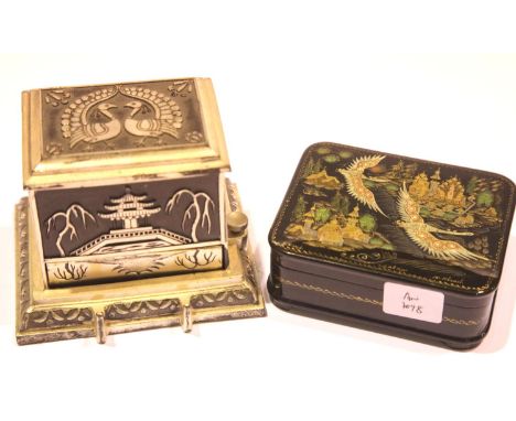 Russian papier mache box and a white metal cigarette dispenser. P&amp;P Group 2 (£18+VAT for the first lot and £3+VAT for sub