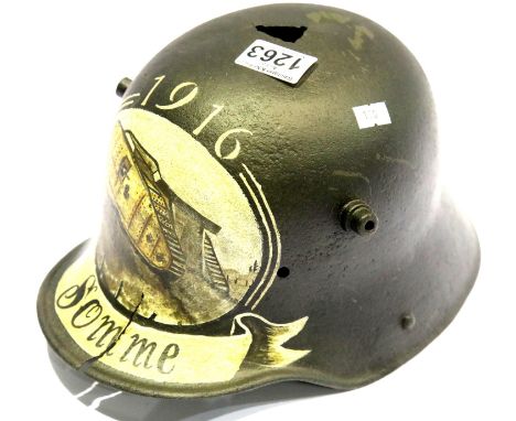 WW1 M16 Stahlhelm. This helmet was found on the Somme, Post war painted as a memorial. P&amp;P Group 2 (£18+VAT for the first