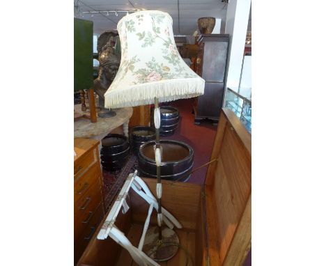 A brass and alabaster standard lamp, with floral shade, on circular base, H.160cm 