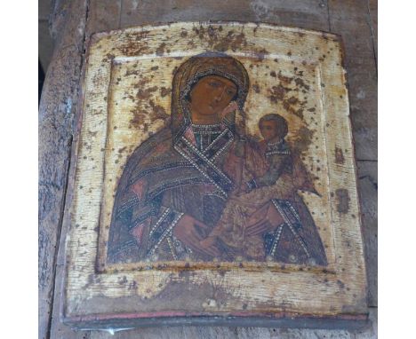 A Russian icon, The Mother of God of Smolensk, egg tempera on wood panel, Mary shown half-length holding Christ shown in prof