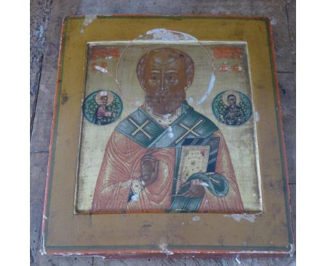A Russian icon, St Nicholas of Myra, parcel gilded, tempera on wood panel, 31 x 26cm 