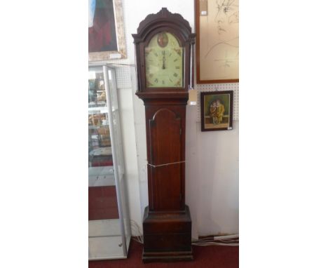 A late 18th / early 19th century oak 30 hour 'Fly Dial' longcase clock by Thomas Fowle, East Grinstead, the painted broken ar