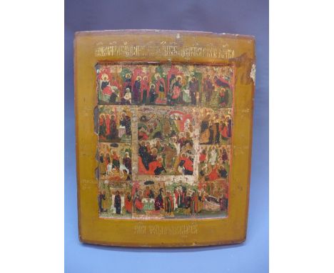 A Russian icon depicting the Descent into Hell, the Resurrection of Christ and the Feasts, tempera on wood panel, 31 x 26cm 