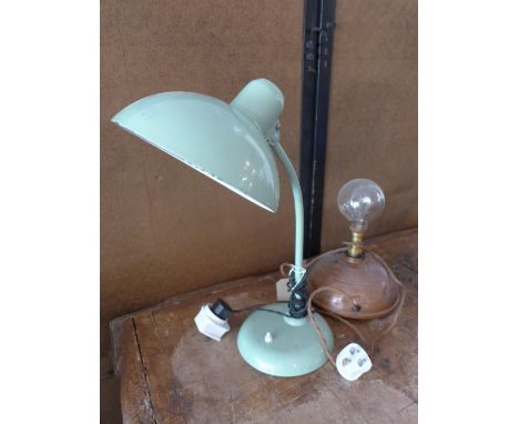 A Kaiser Idell green painted desk lamp together, with a  Wafax copper bed warmer converted to a lamp 