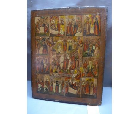 A Russian icon depicting the Descent into Hell, the Resurrection and the Feasts, tempera on wood panel, 50 x 40cm 