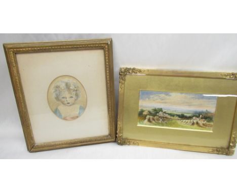 late C19th, landscape at harvest time near village, watercolour, W17.5cm H8.5cm, late C19th, young girl bust portrait, waterc