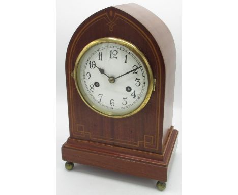Edwardian inlaid mahogany lancet cased bracket clock, white enamel Arabic dial with brass bezel, twin train movement striking
