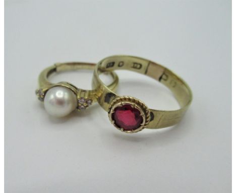 9ct gold ring with central pearl mounted with six diamonds size L (with resizer), hallmarked 9ct gold ring with ruby inset in