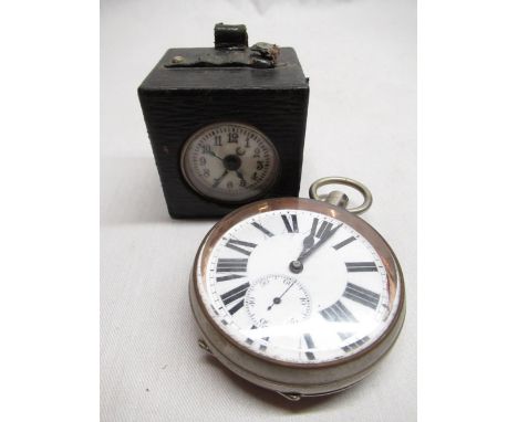 Swiss nickel cased keyless goliath pocket watch with white enamel dial, set with Roman numerals D6.5cm, and a D.R.P &amp; G.M