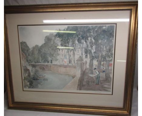Large signed print of a French village/river scene by Francis Russel Flint and print of sailing ship by the beach 