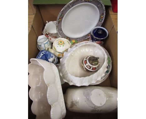Box of various ceramics including a Spode Velamour dish decorated with cockle shells, Spode IMPL dish, Royal Crown Derby tabl
