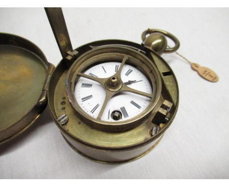 Johannes Burk Patent, mid to late C19th brass cased night watchman's watch. Lacquered brass case with hinged lid opening to r