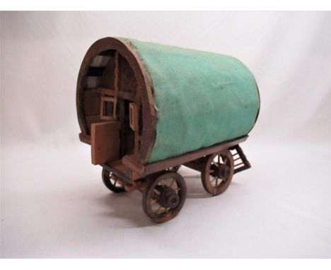 Handmade wooden model of a Romany caravan with barrelled top and rear ladder L37cm H34cm complete with carrying box 