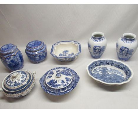 Pair of Spode Italian vases, two Rington's jars and four other pieces of blue and white 