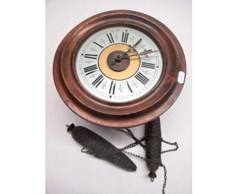 Late C19th black forest postman's alarm wall clock, circular molded stoned beech case D28cm 