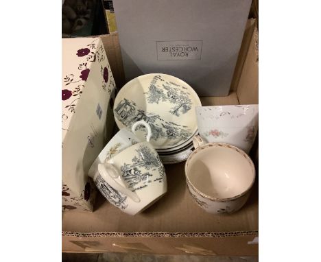 Large selection of various farmers type tea cups, most with saucers, and other decorative ceramics (3 boxes) 