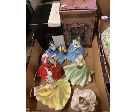 Selection of figurines including Royal Worcester keep safe figure, Royal Doulton "Carol", "Ninette", "Autumn Breezes", "Elise