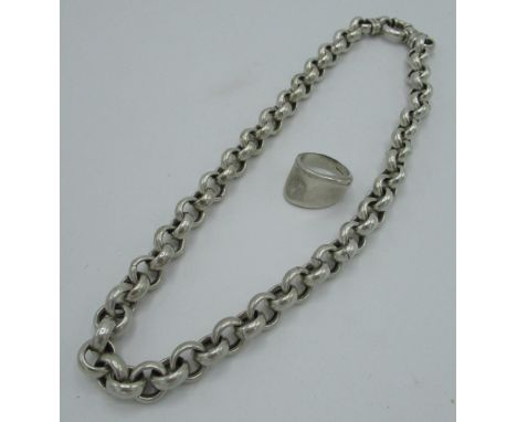 Hallmarked Sterling silver chunky belcher chain with spring ring clasp L45cm and a hallmarked Sterling silver ring with mould