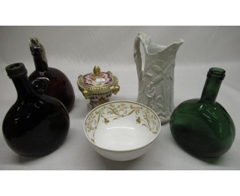 Three glass bottles, Spode Felspar bowl, small lidded urn and white creamware jug (6) 