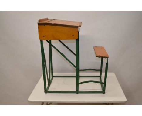 Vintage Childs Metal Framed Wooden Desk with Seat,Hinged Top with Inkwell,54cm Long 34cm Wide and 63cm High 