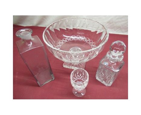 Large glass pedestal fruit bowl, with facet and hobnail decoration on faceted column and star square base D29cm H21cm, a smal