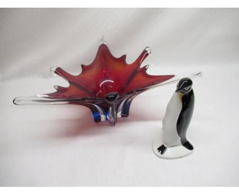 Poole pottery Emperor penguin H22cm, ruby coloured art glass bowl (2) 