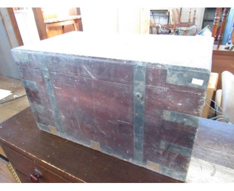 Late C19th mahogany and brass bound cabin trunk in the campaign style lacking interior with J. T. Needs 100 New Bond St, late