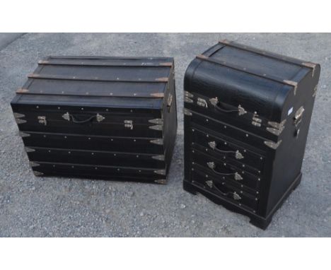 Wood banded black crocodile skin effect cabin trunk. W72cm L48cm H47cm. Similar skin effect topped chest of three drawers W44