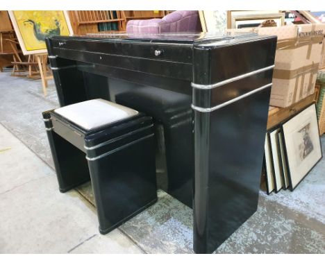 Art Deco period Evestaff mini piano ebonised case with chrome plated mounts complete with stool, retailed by Harry Midgley of