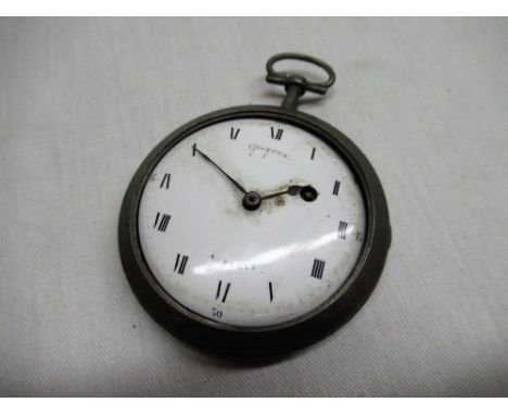 Gregson, Paris, Late C18th open faced key wound pocket watch, white metal case numbered 8844, gilt full plate fusee movement 