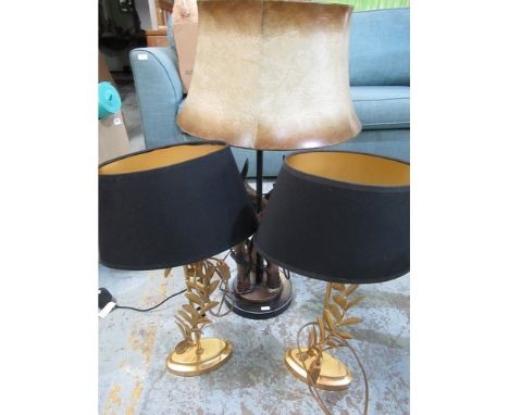 Large table lamp with faux antlers and faux leather shade and pair of gilt table lamps (3) 