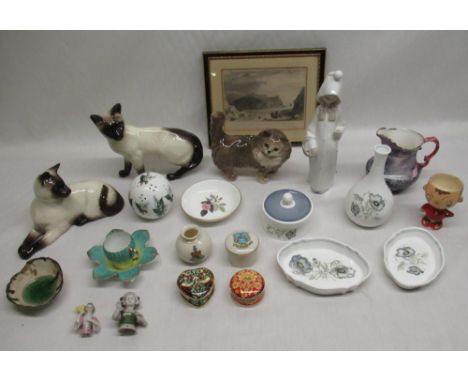 Three Beswick cats, a Lladro figure, print of Fowey Harbour, four pieces of Wedgwood Glen Mist, etc. 