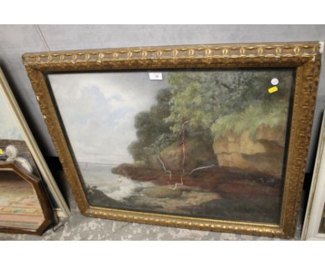 A LARGE FRAMED AND GLAZED OIL ON CANVAS DEPICTING A SEASCAPE A/F 