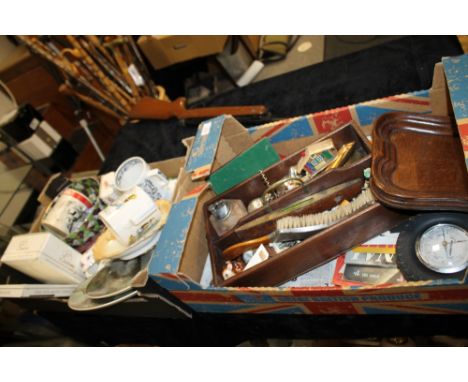 A TRAY OF ASSORTED CERAMICS AND CHINA TO INCLUDE LOVING CUPS ETC PLUS A TRAY OF COLLECTABLES TO INCLUDE WADE WHIMSIES, BERET,