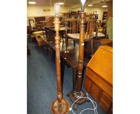 AN OAK 1930'S OAK STANDARD LAMP WITH AN EASTERN STYLE STANDARD LAMP (2)