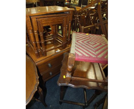 AN OAK NEST OF TABLES, SMALL CHEST, AND A STOOL (3)