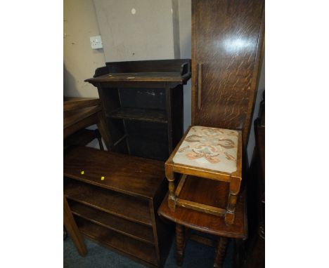 TWO OAK OPEN BOOKCASES, OAK BARLEY TWIST TABLE, CABINET, STOOL, TROLLEY, CARD TABLE (7)