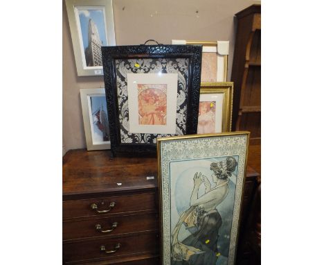 A QUANTITY OF ASSORTED PICTURES AND A FIRESCREEN TO INCLUDE ART NOUVEAU EXAMPLES
