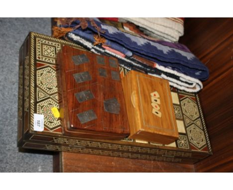 A MODERN INLAID DROUGHTS BOARD TOGETHER WITH BOXED DOMINOES AND PLAYING CARDS (3)